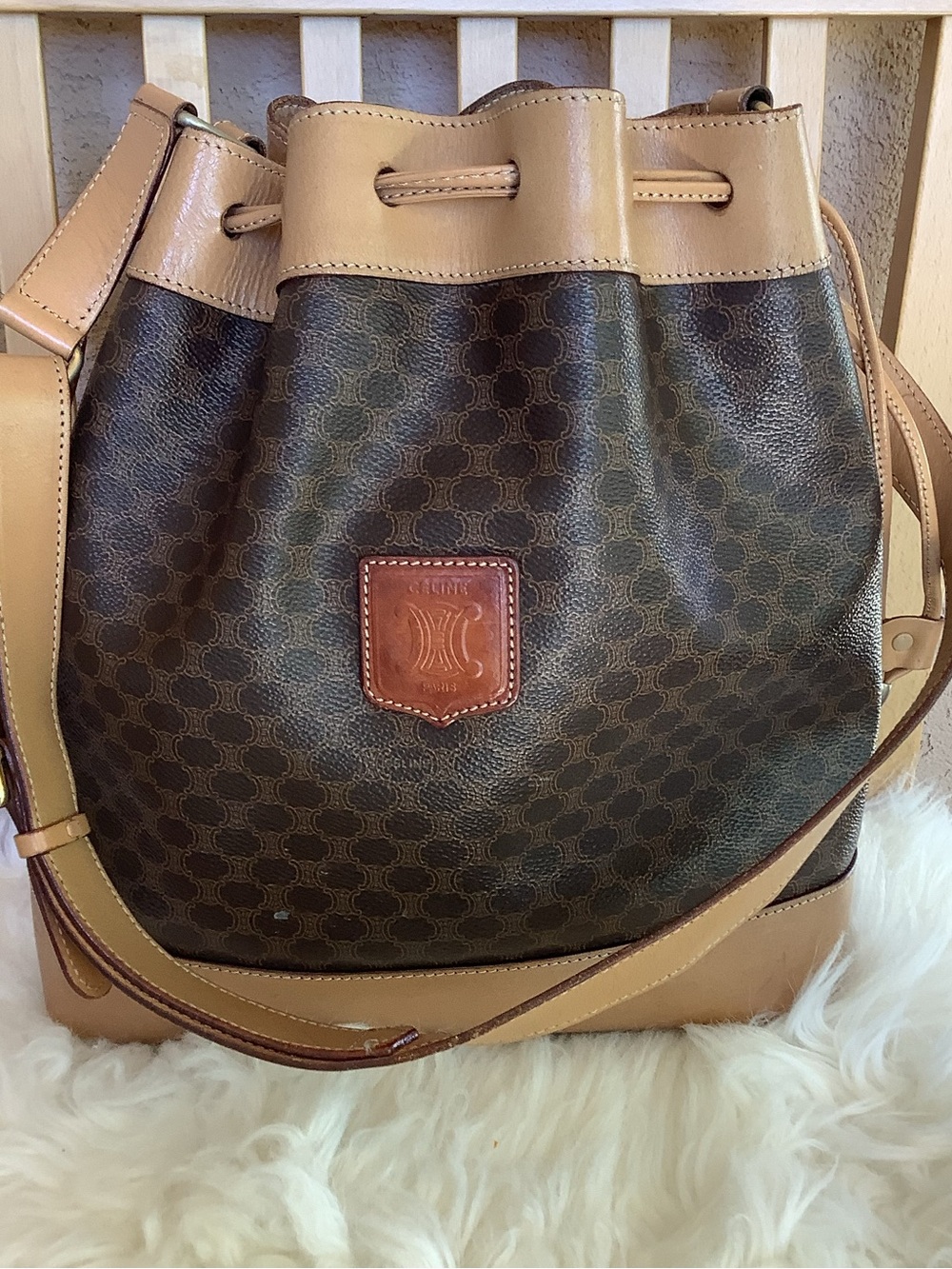Vintage Celine Macadam bucket shoulder bag in brown PVC with tan leather trim